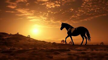 sépia tonique silhouette de arabe cheval pâturage sous Soleil photo