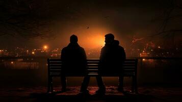 deux mâles séance sur banc au milieu de le éclairage. silhouette concept photo