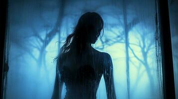 mystérieux foncé forme de une femme derrière texturé verre. silhouette concept photo