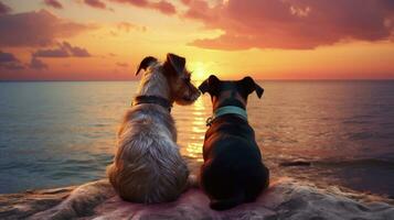 deux jack Russell chiens observer le grand Soleil comme il ensembles. silhouette concept photo