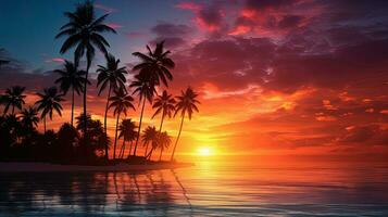 étourdissant paumes silhouette contre océan à le coucher du soleil photo