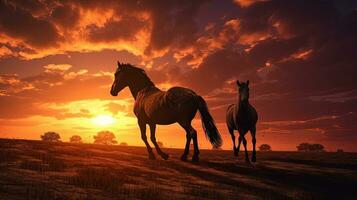 les chevaux sur le champ à le coucher du soleil. silhouette concept photo