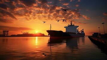 le coucher du soleil arrivée de une récipient navire dans port. silhouette concept photo