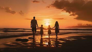 famille silhouette en jouant sur le plage à le coucher du soleil photo