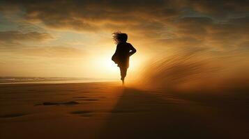 une solitaire figure sprints le long de une désolé rive comme le vent fouets le sable à travers le plage. silhouette concept photo