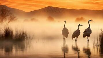 grues dans brouillard bosque del apache nm. silhouette concept photo