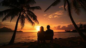 romantique couple sur plage en dessous de paume des arbres à le coucher du soleil l'eau scintille avec lumière du soleil loin îles visible. silhouette concept photo