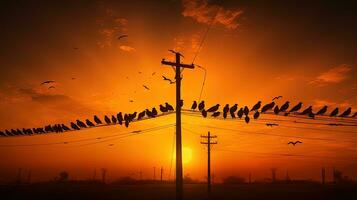 beaucoup des oiseaux sur électrique Puissance doubler. silhouette concept photo