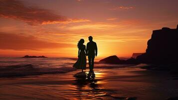 silhouette Jeune couple contre le coucher du soleil dans une côtier paysage photo