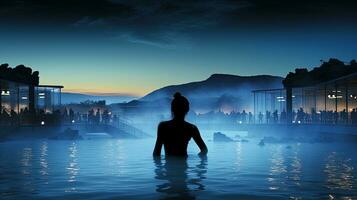 le bleu lagune est une très populaire géothermie spa dans Islande. silhouette concept photo