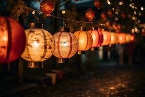 coloré papier lanternes pendaison de une en bois structure photo