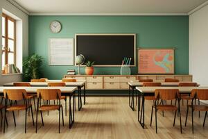 photo salle de cours intérieur avec école bureaux chaises et vert planche vide école salle de cours