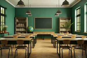 photo salle de cours intérieur avec école bureaux chaises et vert planche vide école salle de cours