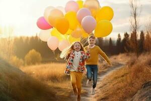 deux copains des gamins courir des ballons. produire ai photo