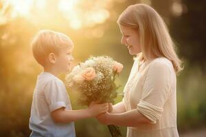 mère journée Jeune enfant fleur. produire ai photo