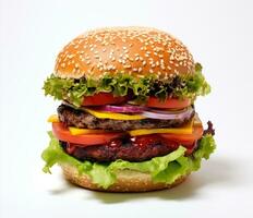 le parfait Hamburger avec fromage, bacon, cornichons, tomate, oignons et salade. établi avec génératif ai photo