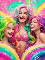 magnifique femmes stylé comme poupées avec arc en ciel couleurs photo