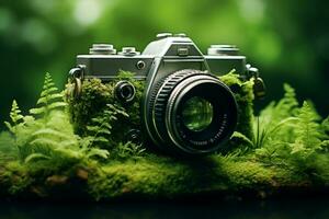 vert caméra sur herbe avec la nature bokeh Contexte. la nature concept. photo