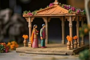 traditionnel Indien mariage. miniature mari et épouse dans nationale tenues. Indien culture, homme et femme établi avec génératif ai La technologie photo