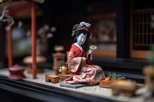 miniature geisha dans kimono. Japonais asiatique diorama. petit femme dans traditionnel costume établi avec génératif ai La technologie photo