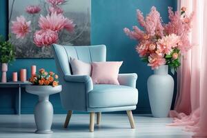 intérieur de une élégant vivant pièce orné avec un attrayant fauteuil et une magnifique vase rempli avec Frais fleurs. ai généré photo