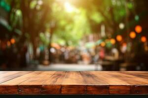 vide en bois table et flou café Contexte pour produit afficher. ai généré photo