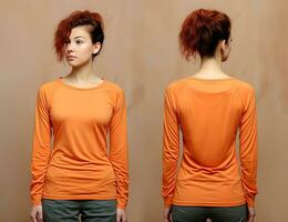 femme portant un Orange T-shirt avec longue manches. de face et retour voir. ai généré photo