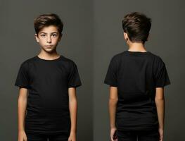 de face et retour vues de une peu garçon portant une noir T-shirt. ai généré photo