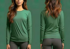 femme portant une vert T-shirt avec longue manches. de face et retour voir. ai généré photo