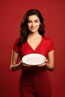 Jeune magnifique élégant femme en portant un vide assiette ou plat isolé sur rouge Contexte. ai généré photo