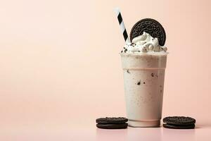 biscuits et crème Milk-shake dans une à emporter tasse avec copie espace. ai généré photo