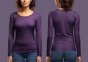 femme portant une violet T-shirt avec longue manches. de face et retour voir. ai généré photo