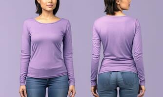 femme portant une violet T-shirt avec longue manches. de face et retour voir. ai généré photo