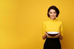 Jeune magnifique élégant femme en portant un vide assiette ou plat isolé sur Jaune Contexte avec copie espace. ai généré photo