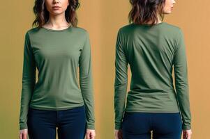 femme portant une vert T-shirt avec longue manches. de face et retour voir. ai généré photo