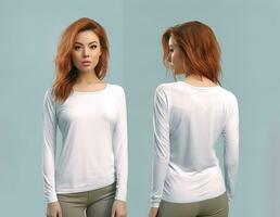 femme portant une blanc T-shirt avec longue manches. de face et retour voir. ai généré photo