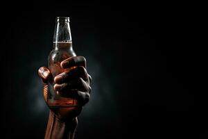 une Masculin main en portant en haut une bouteille de Bière isolé sur une noir Contexte avec copie espace. ai généré photo