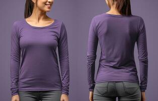 femme portant une violet T-shirt avec longue manches. de face et retour voir. ai généré photo