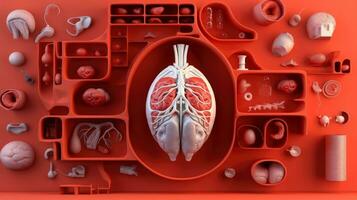 3d illustration maquette de le Humain organe système, anatomie, nerveux, circulatoire, digestif, excréteur, urinaire, et OS systèmes. médical éducation concept, génératif ai illustration photo