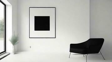 minimaliste vivant pièce intérieur avec blanc des murs, béton sol, noir canapé et rond café tableau. 3d le rendu moquer en haut ai génératif photo