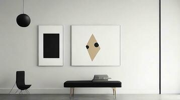 minimaliste vivant pièce intérieur avec blanc des murs, béton sol, noir canapé et rond café tableau. 3d le rendu moquer en haut ai génératif photo