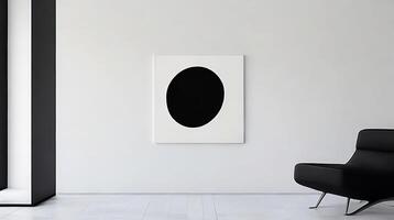 minimaliste vivant pièce intérieur avec blanc des murs, béton sol, noir canapé et rond café tableau. 3d le rendu moquer en haut ai génératif photo