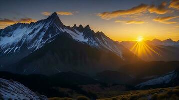 magnifique le coucher du soleil dans le montagnes. panorama de le Caucase montagnes. ai génératif photo