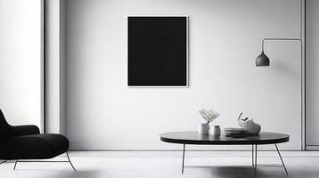 minimaliste vivant pièce intérieur avec blanc des murs, béton sol, noir canapé et rond café tableau. 3d le rendu moquer en haut ai génératif photo