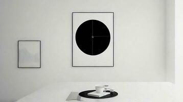 minimaliste vivant pièce intérieur avec blanc des murs, béton sol, noir canapé et rond café tableau. 3d le rendu moquer en haut ai génératif photo