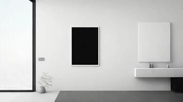 minimaliste vivant pièce intérieur avec blanc des murs, béton sol, noir canapé et rond café tableau. 3d le rendu moquer en haut ai génératif photo