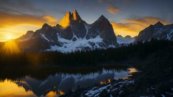 magnifique le coucher du soleil dans le montagnes. panorama de le montagnes ai génératif photo