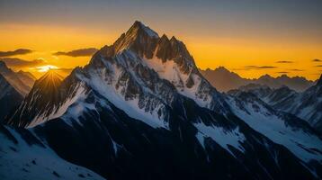 magnifique le coucher du soleil dans le montagnes. panorama de le Caucase montagnes. ai génératif photo