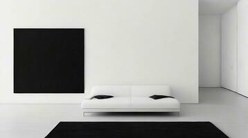 minimaliste vivant pièce intérieur avec blanc des murs, béton sol, noir canapé et rond café tableau. 3d le rendu moquer en haut ai génératif photo