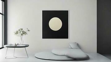 minimaliste vivant pièce intérieur avec blanc des murs, béton sol, noir canapé et rond café tableau. 3d le rendu moquer en haut ai génératif photo